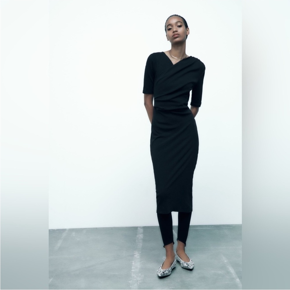 Zara Collection Limited Edition Black Draped Midi Dress